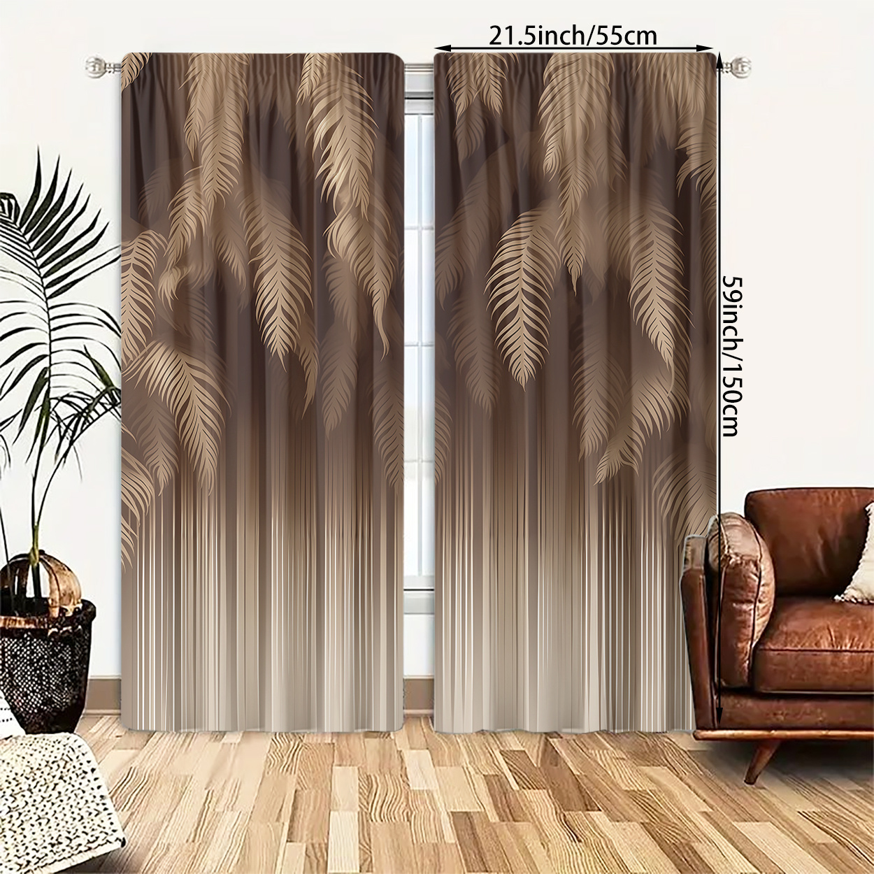 TEMU 2 Pieces Made Of Polyester, Featuring A Brown Palm Leaf Design With Striped Decorative Patterns, Light-filtering Curtains Are Suitable For