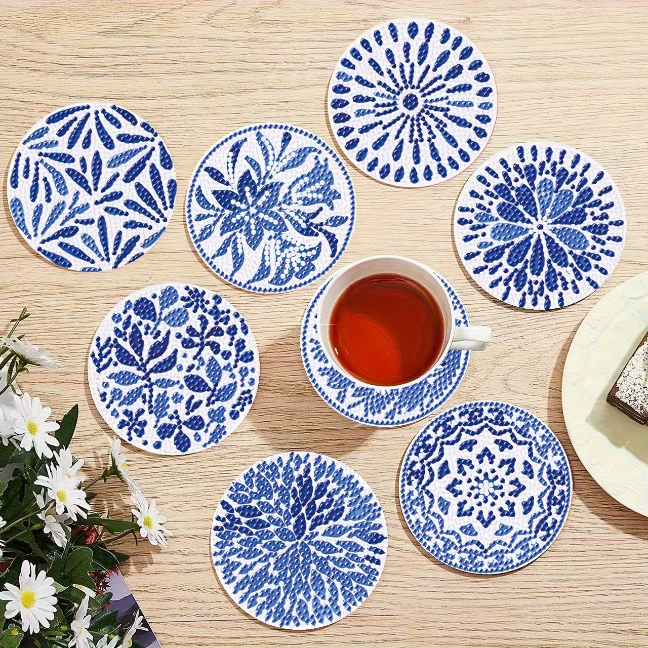 TEMU 8pcs Diamond Painting Coaster Diy Blue And White Pattern Circular 10x10cm/3.94x3.94 Inches