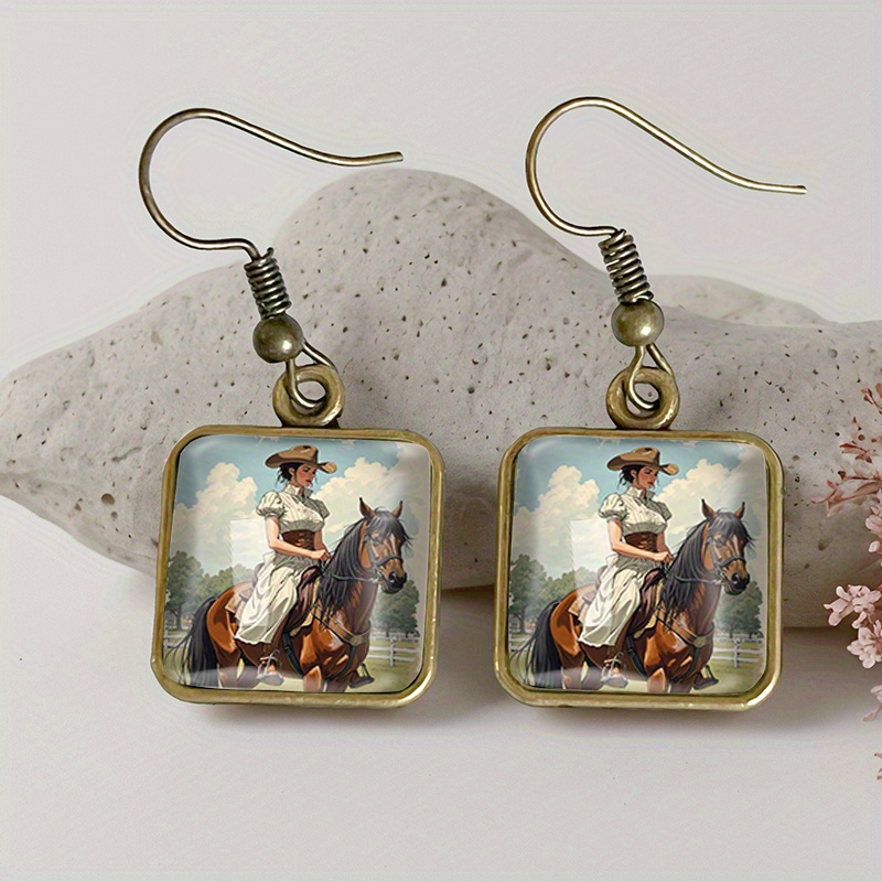 TEMU 1 Pair Cowboy Girl Riding Horse Square Earrings Retro Glass Dangle Earrings Handmade Jewelry Gift, Without Battery