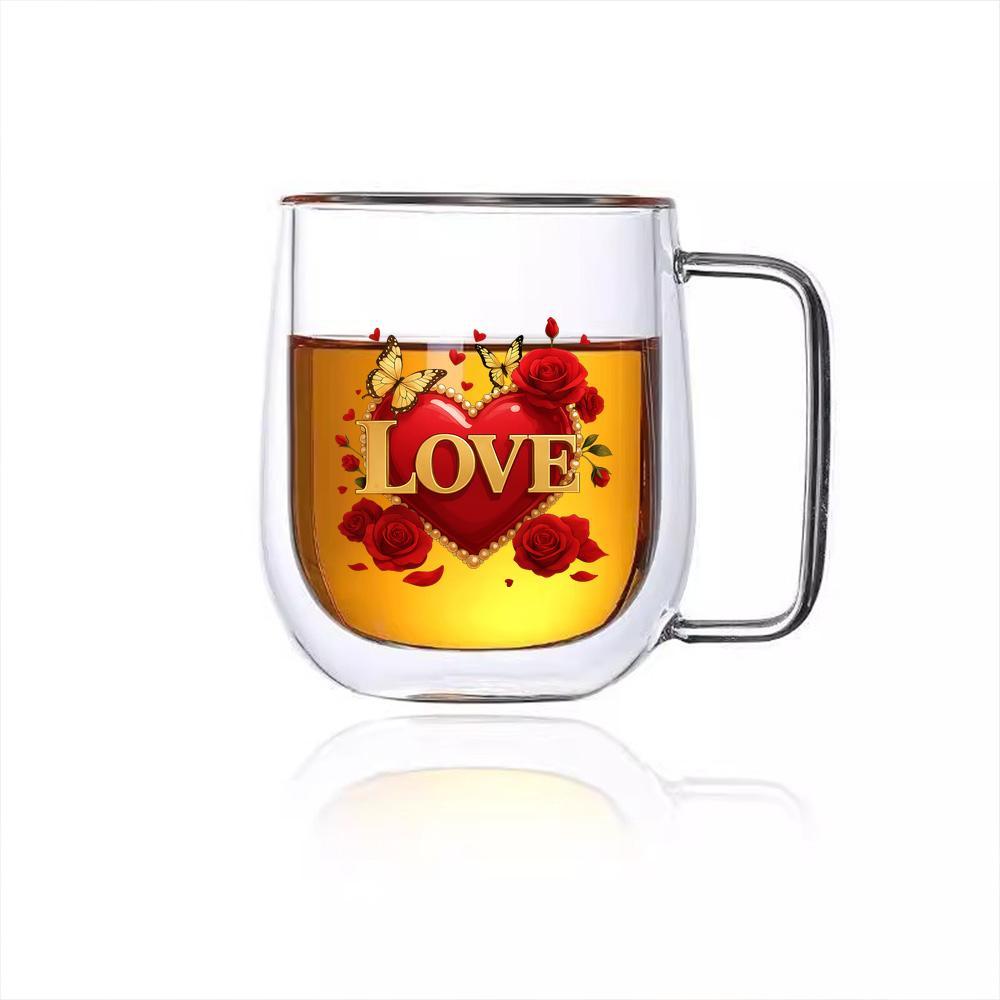 TEMU Valentine's Day Glitter "love" Insulated Glass Coffee Mug - Cute Clear Reusable Cup With Sparkling "love" Letters, Ideal Gift For Lovers,