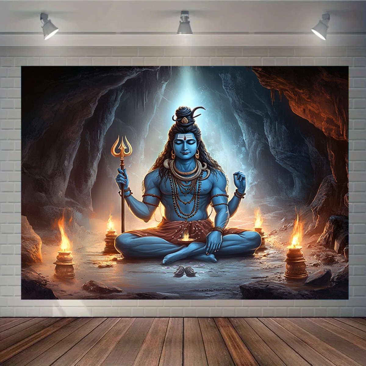 1pc lord shiva meditation backdrop large wall mural hindu deity with nandi bull like figure, candles & om symbol vibrant spiritual decor for pooja, diwali, christmas, weddings, home temple or studio photo background