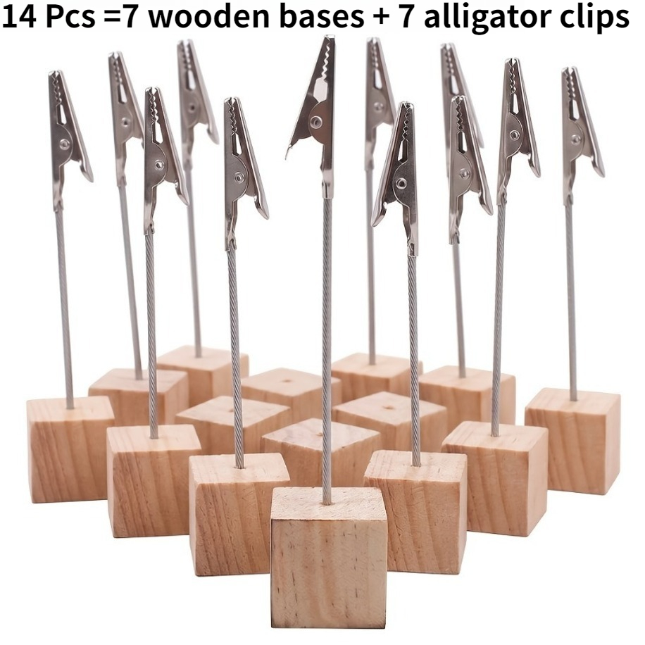 TEMU 14pcs Set Includes 7 Wooden Bases For Memo Clips And 7 Alligator Clips | Photo Frame Bases | Wood-tone Stainless Steel Photo Clip Set | Base