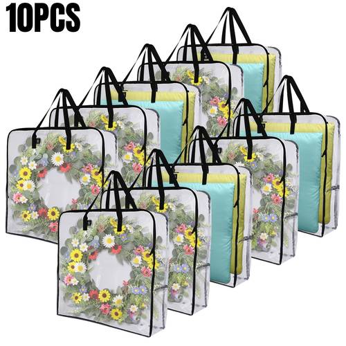 10packs 26x9 inches wreath storage bags durable wreath storage boxes with handles and zippers festive pvc plastic wreath protective covers suitable for blankets quilts clothing bedding moving storage home storage boxes baskets