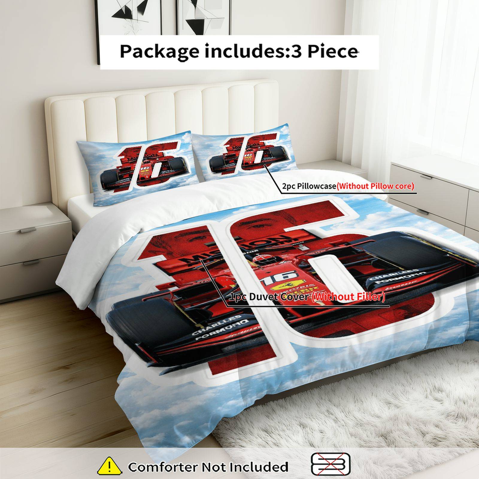 3-delige Racing Auto Snelheid Formule1 Sport Liefhebber Thema Dekbedovertrek Set | 1 Dekbed + 2 Kussenslopen, Polyester, Machinewasbaar, Alle seizoenen, Geschikt voor Slaapkamer, Woonkamer, Logeerkamer, Studentenkamer