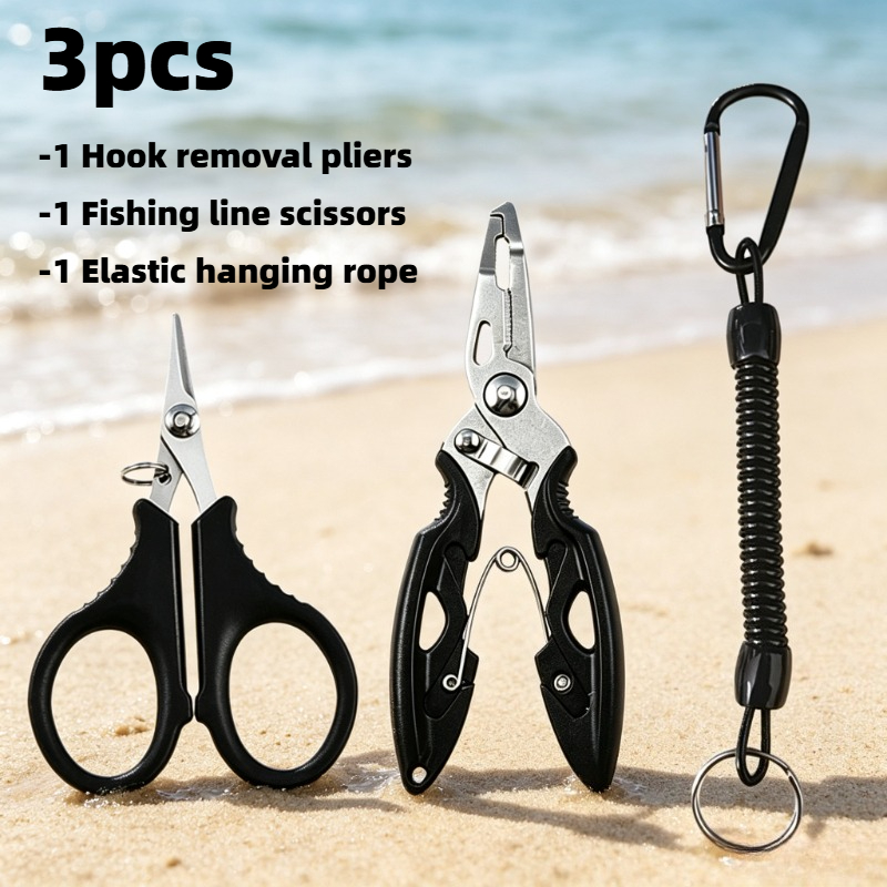 TEMU Ensemble Combiné Portable de Pinces et Ciseaux de Pêche : Pince à Décrocher + Ciseaux à Ligne de Pêche + Corde Élastique de Suspension, en Acier