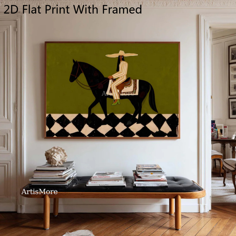 2d flat 2d flat 2d flat print 1pc with wooden   painting canvas printed framed artwork abstract horse rider oil painting retro realistic canvas olive green minimalist wall art