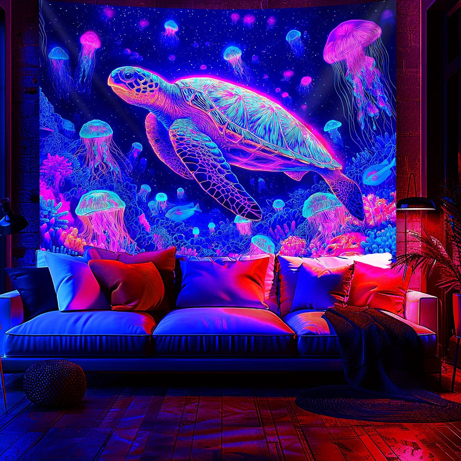 TEMU 1pc Marine Sea Turtles, Jellyfish, Coral- Glow In The Uv Light Banner Tapestry, Large Size Fluorescent Printing Tapestry, Bedroom Hanging