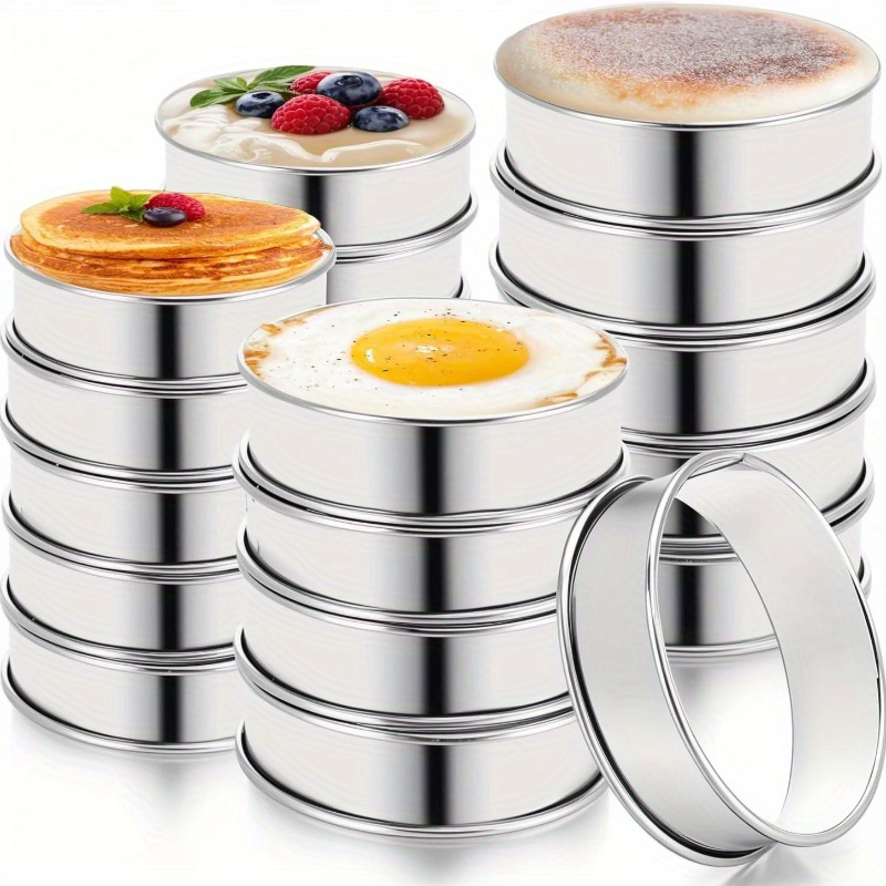 E-shop 20 Stück Englische Muffinringe - 4 Zoll und 3,35 Zoll Set Edelstahl Crumpetringe, Antihaftbeschichteter Muffin Kuchen Keks Ring, gefalteter