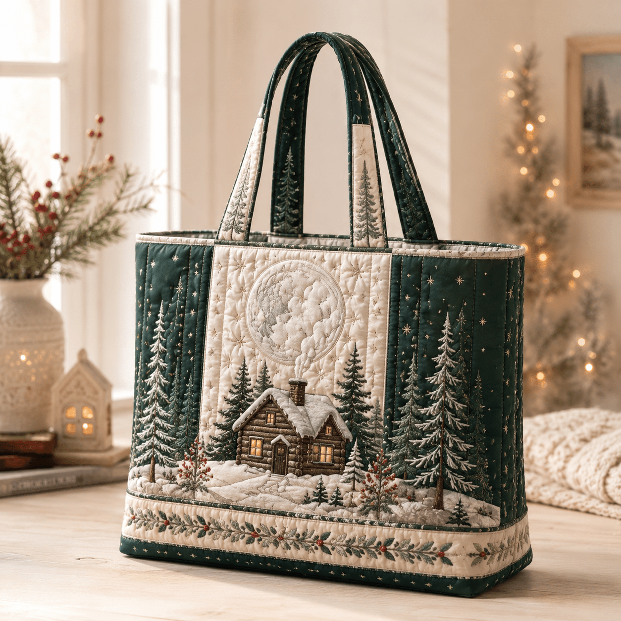 TEMU Sac fourre-tout matelassé 17 X 15 pouces pour femmes avec broderie de cabane enneigée et argentée, style matelassé Forêt Émeraude, sac souple à