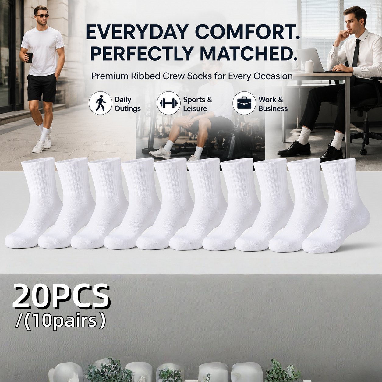 TEMU 20pcs (10 Pairs) / 10pcs (5 Pairs) / 6pcs (3 Pairs) Unisex Mid-calf Socks (ankle Style) - Versatile White Socks For Casual, Business, And Sports
