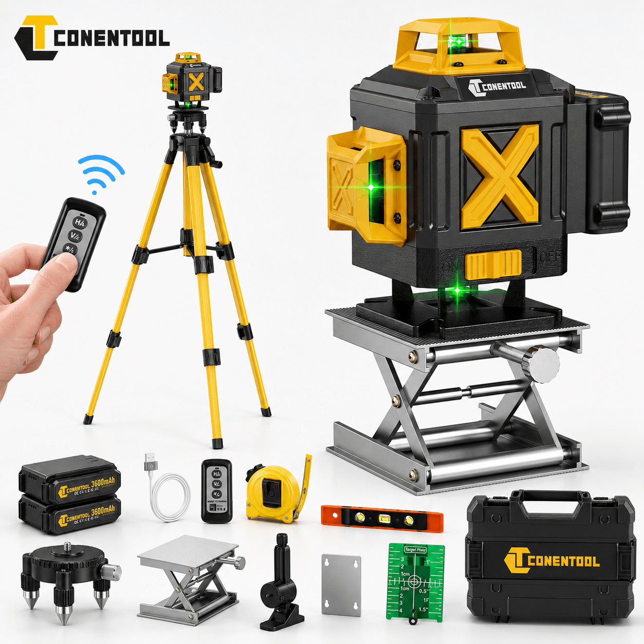 Image of Rotation 16-line Laser Level Kit - Conentool Auto , Includes Battery, Spirit Level & Tape Measure. Perfect For Tile Installation, Interior Decoration, Construction, Industrial And Home Diy.