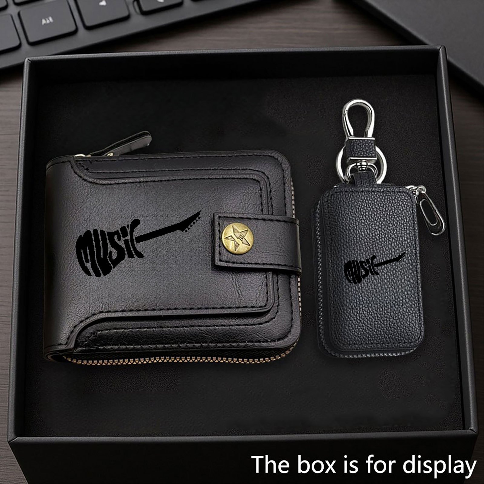 TEMU Creative "music" Guitar Pattern Printed Two-piece Men's Wallet And Car Key Bag, Fashionable Business Wallet, High-end Atmosphere Combination, Is