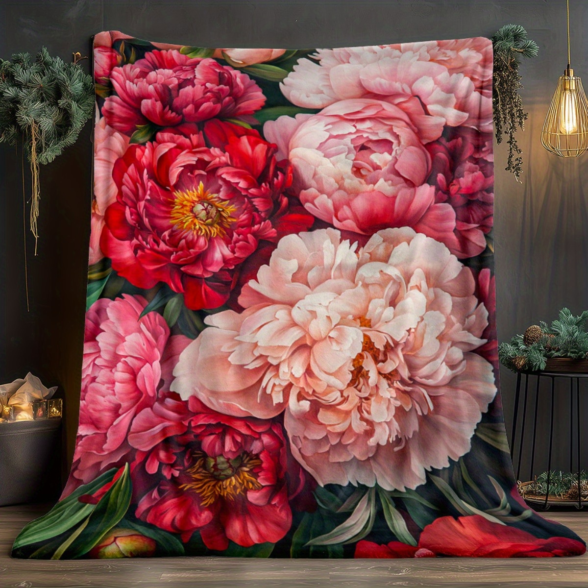TEMU 1pc Vibrant Peony Blanket - Lightweight Flannel Throw With Digital Printing, Blanket For Sofa, Camping, Bed, Office - Machine Washable