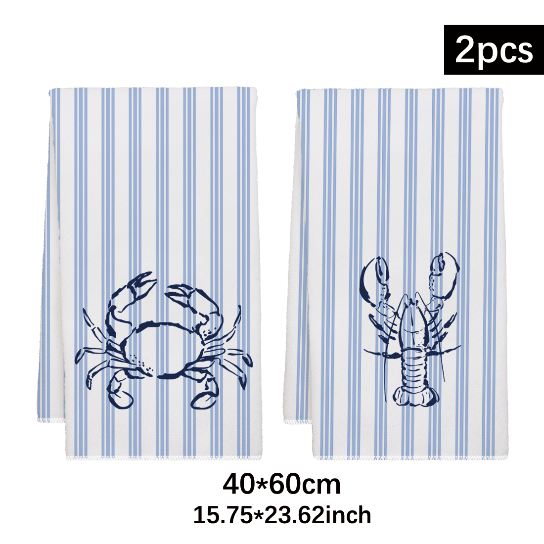 Image of 2pcs Microfiber Kitchen Towels, Striped Crab And Shrimp Absorbent Towels, 40x60cm/15.7x23.6in Multipurpose Hand Towels/dish Towels, Suitable For Kitchen, Dining Room, And Bathroom