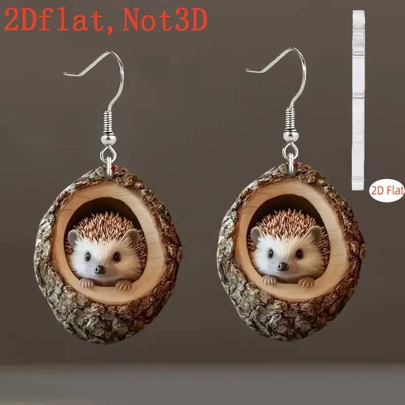 TEMU Boucles d'oreilles pendentives en acrylique 2D plates et mignonnes représentant un hérisson qui à travers un trou d'arbre, non revêtues et avec