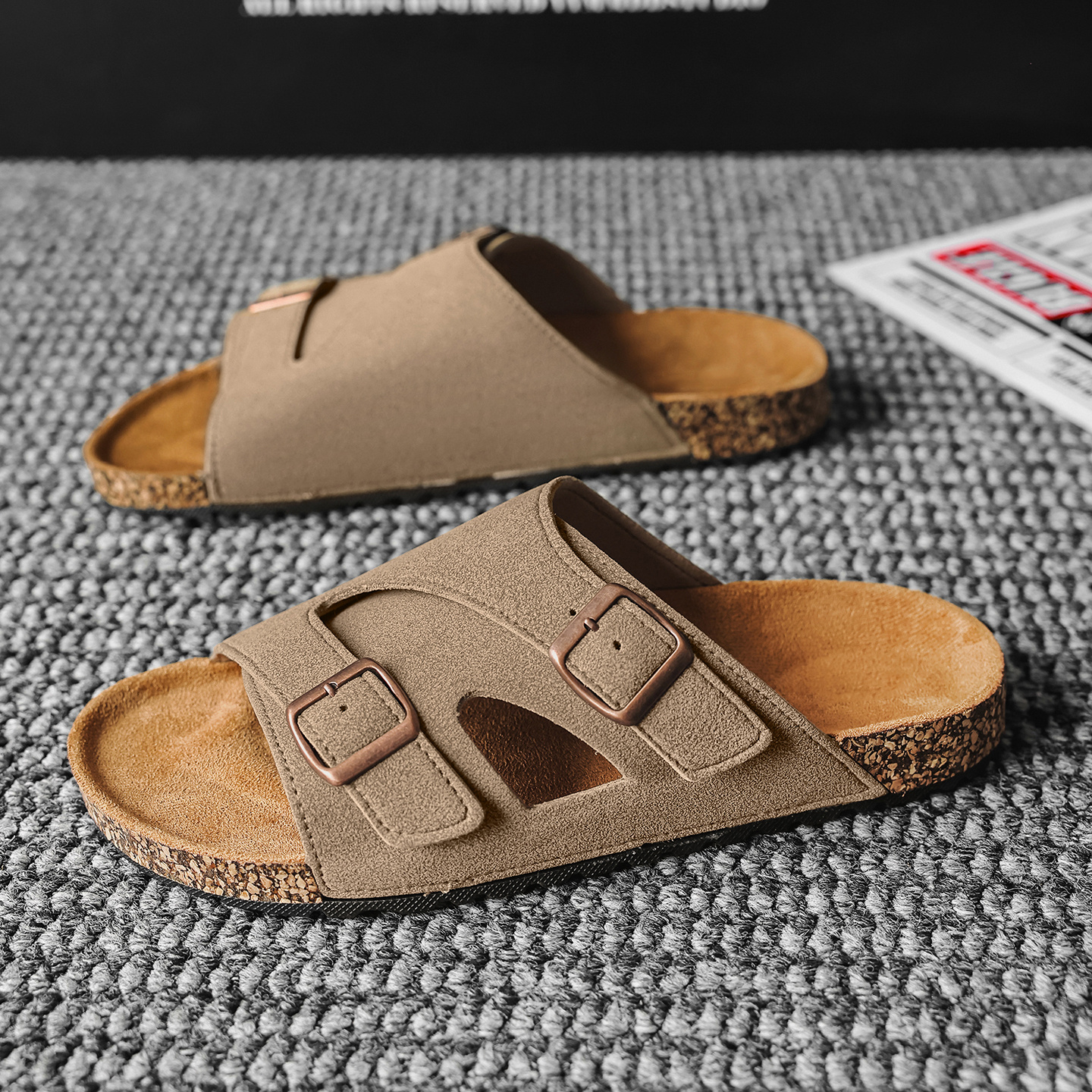 TEMU Men's Dual-metal Hollow-out Extra Wide Cork Slippers, Vintage Frosted Anti-slip One-strap Slides For Men And Women, For Home, Commuting, Beach,