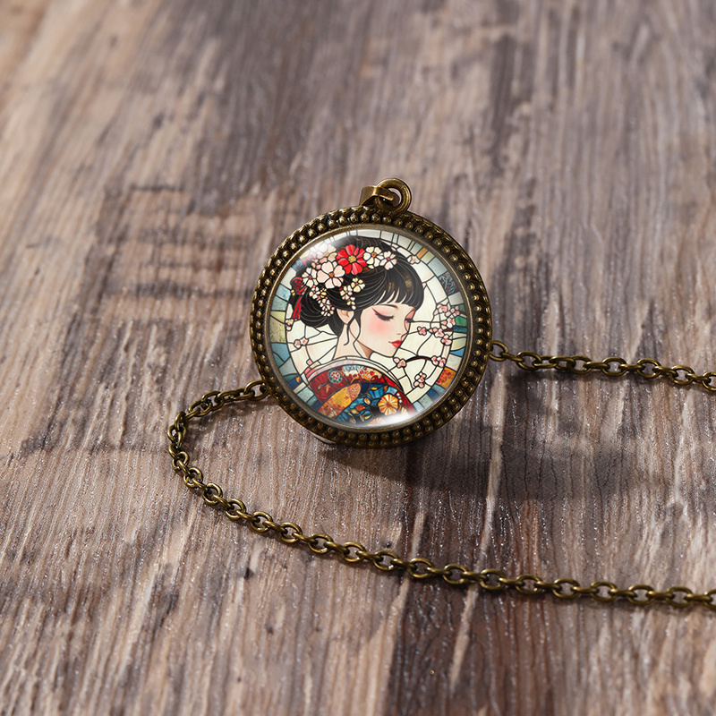 TEMU 1pc Stained Glass Geisha With Blossoms Necklace - Handcrafted Glass Pendant - 25mm Round With Lace Border