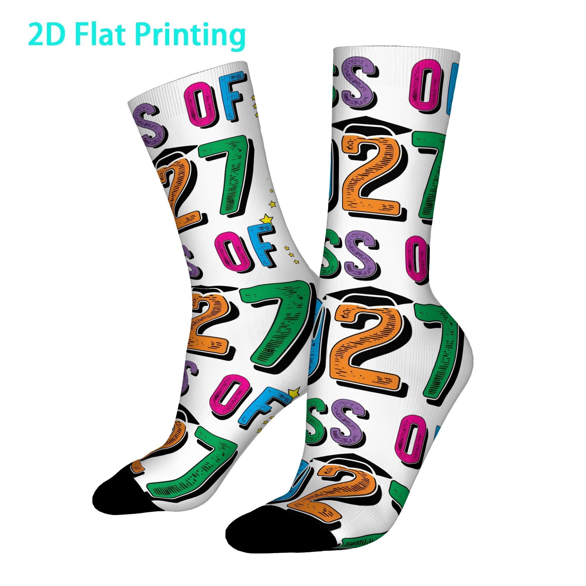 TEMU 1 Pair Hip Hop Vintage Vibrant Class Of 2027 Grad Print 2d Flat Printing Crazy Men's Compression Socks Unisex Harajuku Pattern Printed Funny