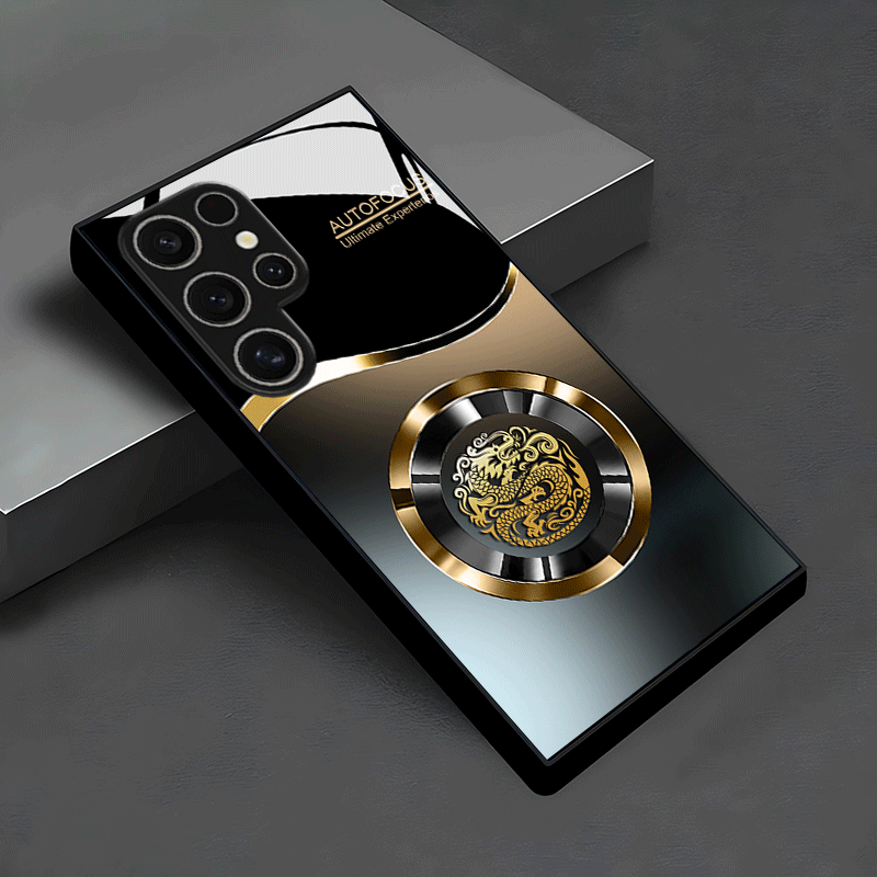 E-shop Handyhülle - Goldenes und schwarzes Farbverlauf Drachenmuster Logo Design Glas Handyhülle für Samsung Galaxy S26/S25/S25 Plus/S25 Ultra/S24/S24