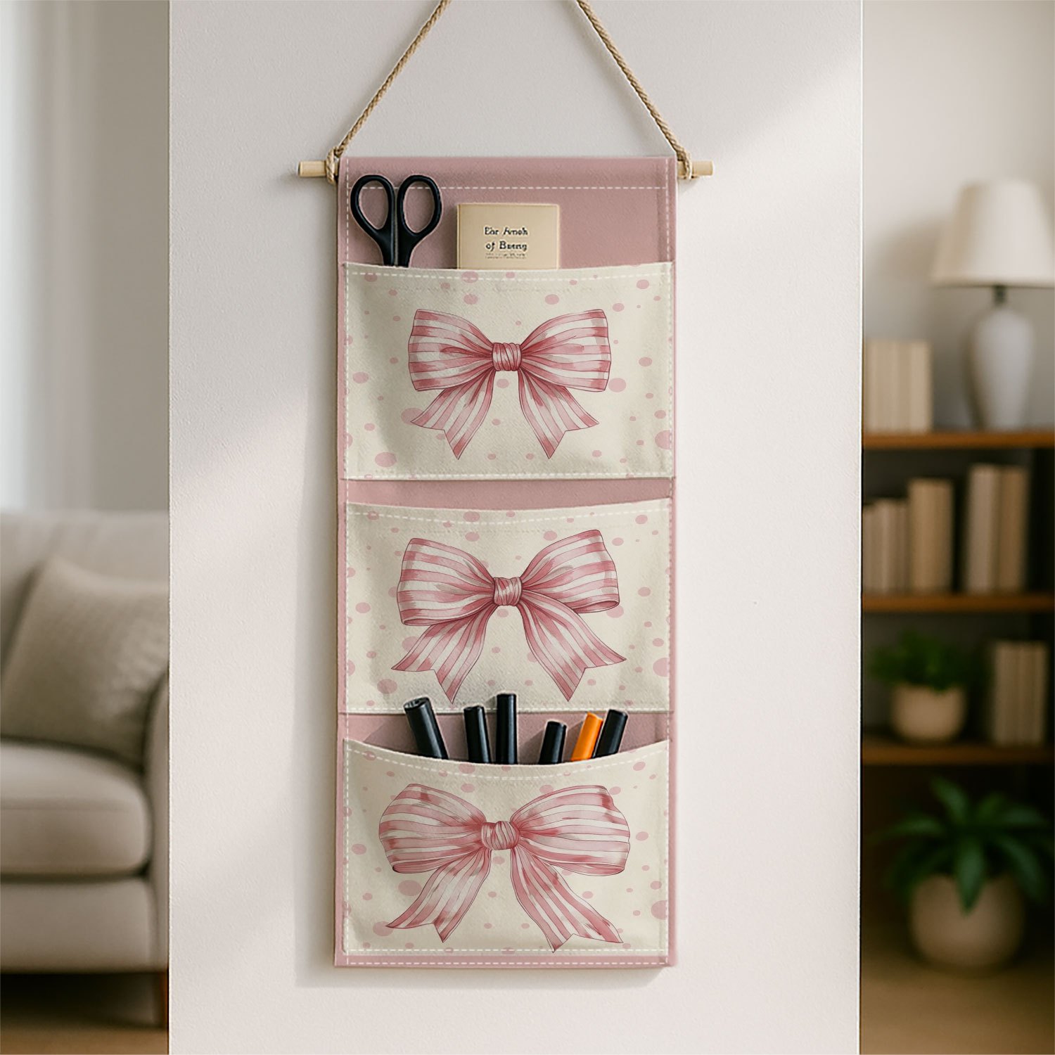 TEMU 1pc Modern Minimalist Pink Hanging Storage Organizer With Ribbon Bow - Cottagecore Wall Bag Suitable For Accessories, Dinnerware, Toiletries,