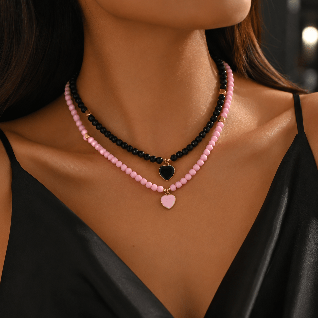 TEMU 2pcs Women's Elegant And Exquisite Pink And Black Drip Oil Heart Pendant Acrylic Beaded Necklace Set, For Daily Wear, Vacations, Gatherings, And