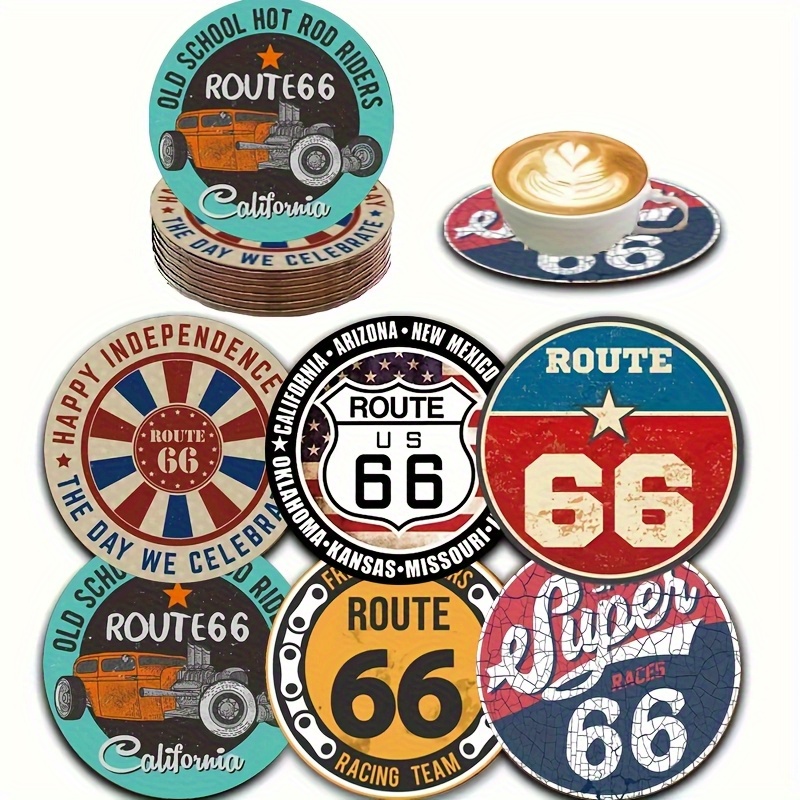 TEMU A Set Of 6 Wooden Coasters Themed Around Road No. 66, Round And Heat-resistant, Perfect For Decorating Family Gatherings, Restaurant, And Club