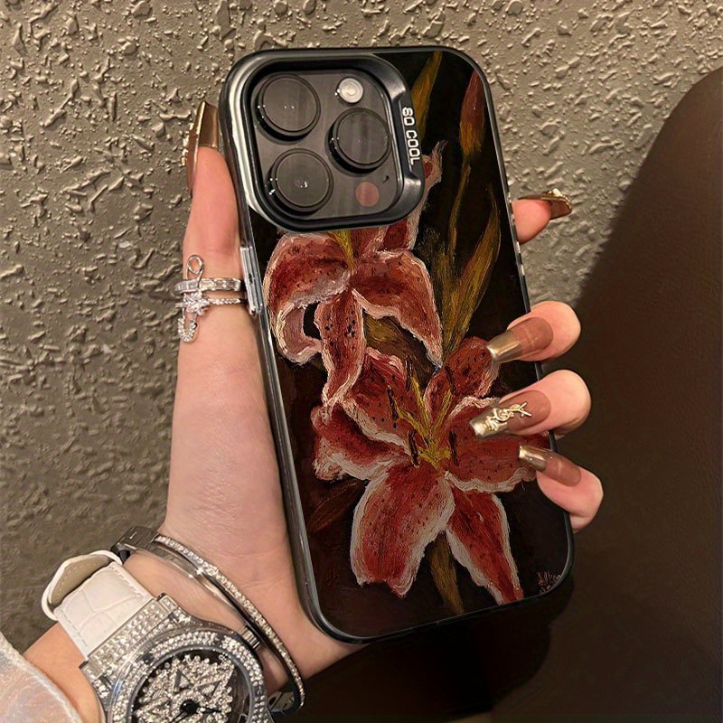 Oil Painting Lily Flower Vintage Pattern Suitable for TPU Case for iPhone 16 PRO MAX, iPhone 15/14 PLUS/13 Pro/12/X/XR/XS MAX Durable Anti-Drop Colorful Silvery Protective Cover with High Aesthetic Appeal