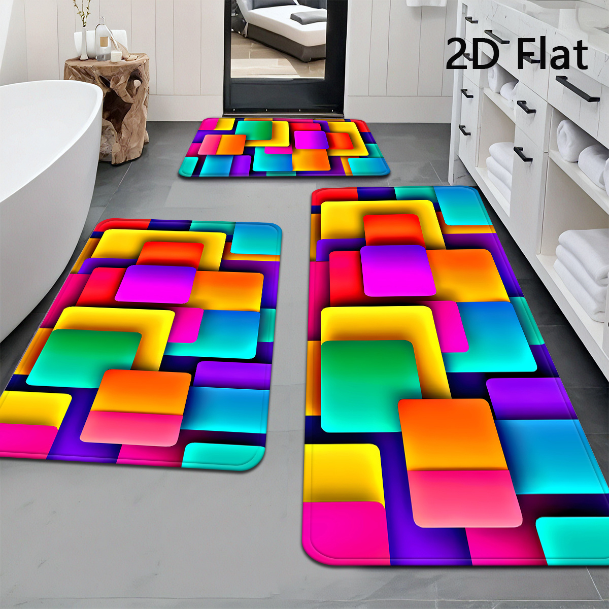 TEMU 2d Flat, 2d Flat, 2pcs/3pcs [2d Flat] Colorful Square Bathroom Mats In Modern Abstract Style, A Set Of Bathroom Mats, Kitchen Mats, And Bathroom