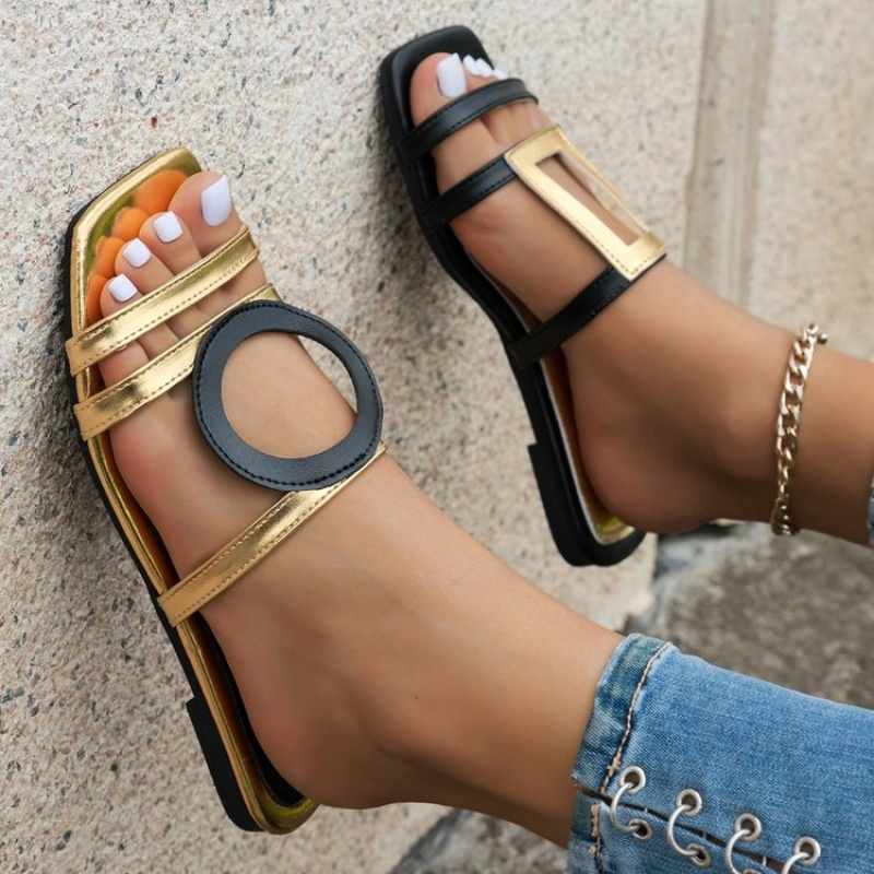 TEMU Metallic Texture Geometric Cut-out Flat Sandals, Square-toe Double-strap Outdoor Slippers, Women Shoes