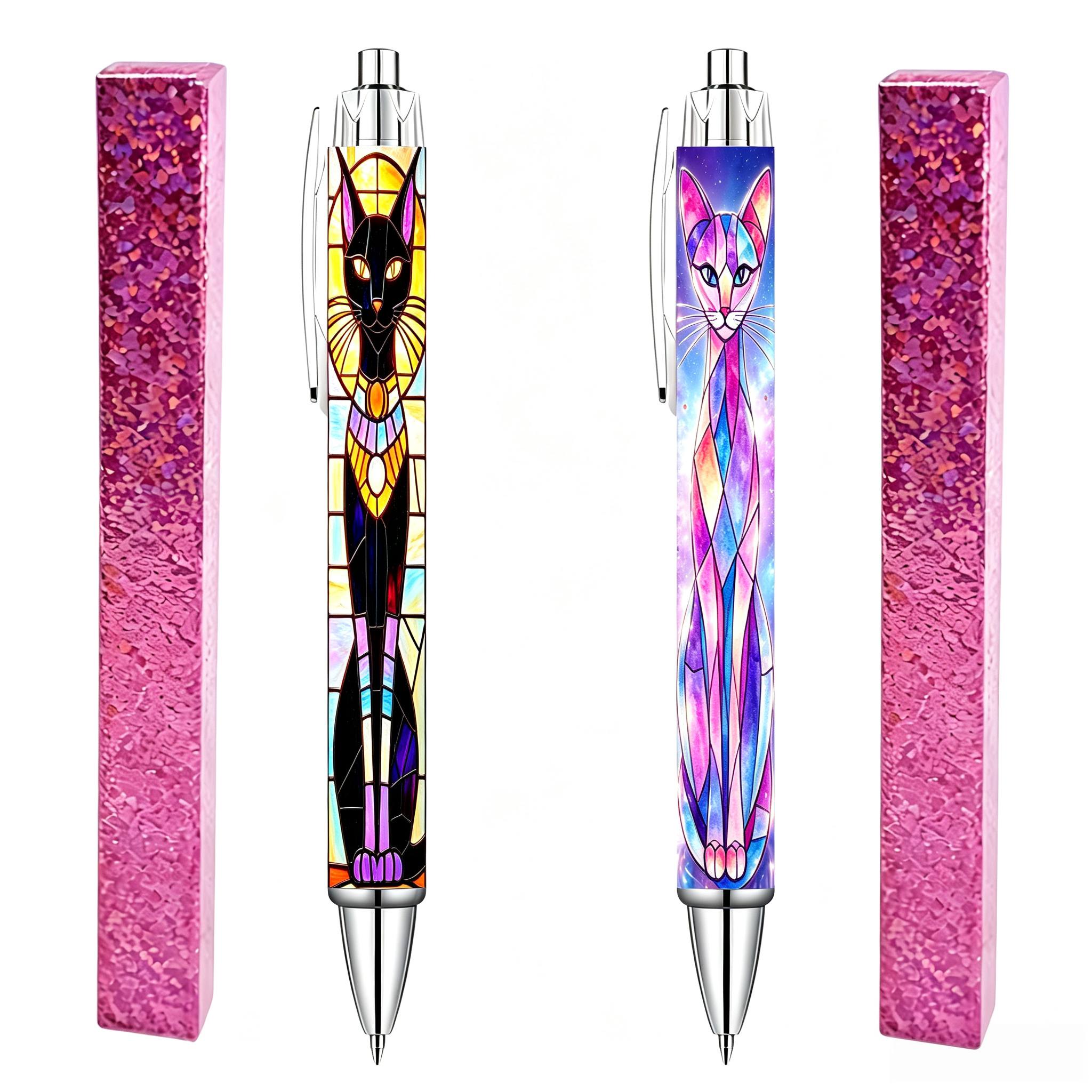 TEMU 2 Sets (2 Stylos et Boîtes à Stylos Exquises) Stylos à Bille Rétractables Chat Art Coloré, Écriture Fluide, Impression Unique et , Parfait pour