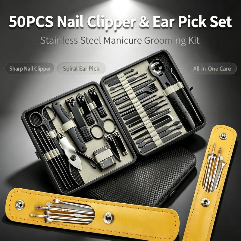Image of 50pcs Manicure Scissors Care Set, Stainless Steel Ear Stud Set, Multi-functional Foot Care Tools, Portable Travel Manicure Tools, Suitable For Men And Women, For Home And Travel Use