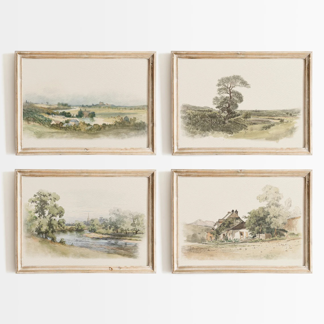 TEMU 4pcs Frameless Watercolor Landscape Wall Art Set - Pastoral Cottage Canvas Paintings, Soft Hues & Scenes For Bedroom & Living Room Decor,