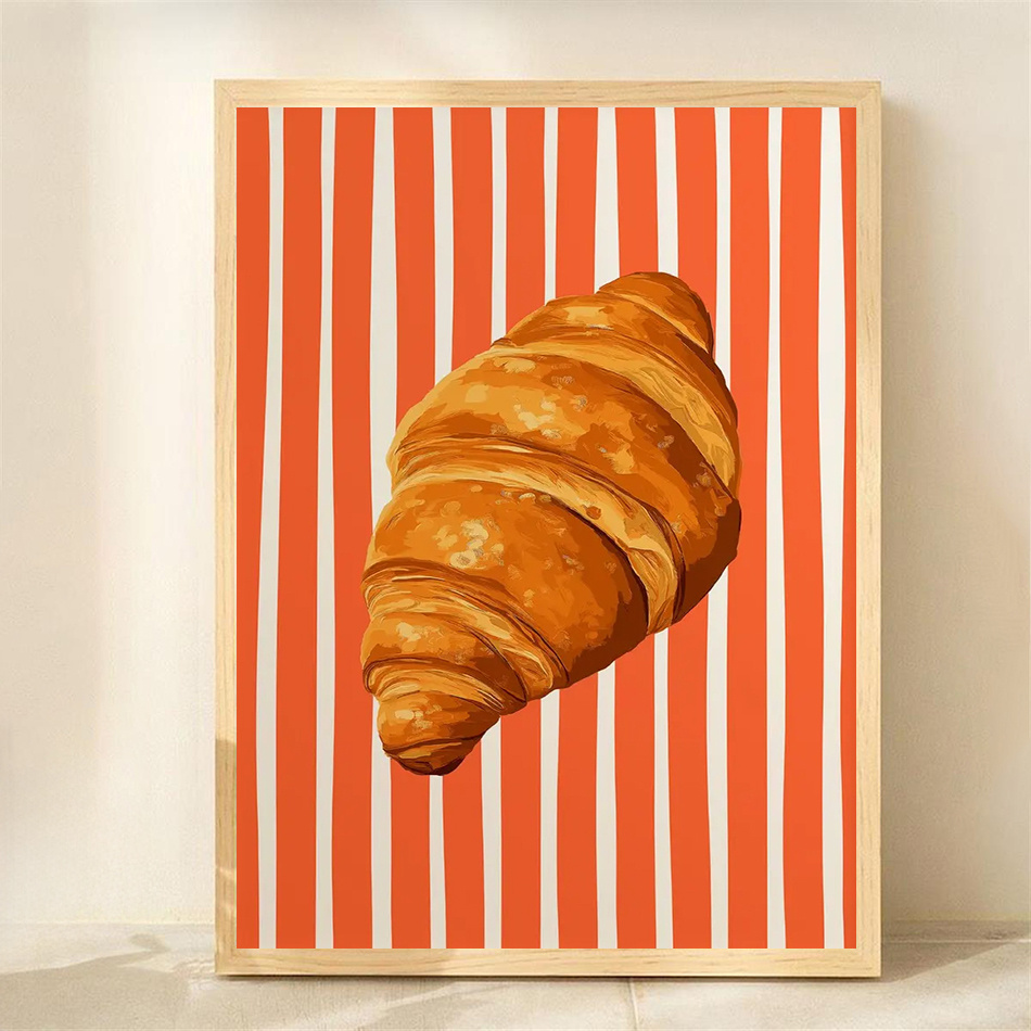TEMU Stampa su tela senza cornice da 30,48x40,64 cm - Croissant francese con sfondo a righe, decorazione murale vintage per , casa, caff癡 o ufficio,