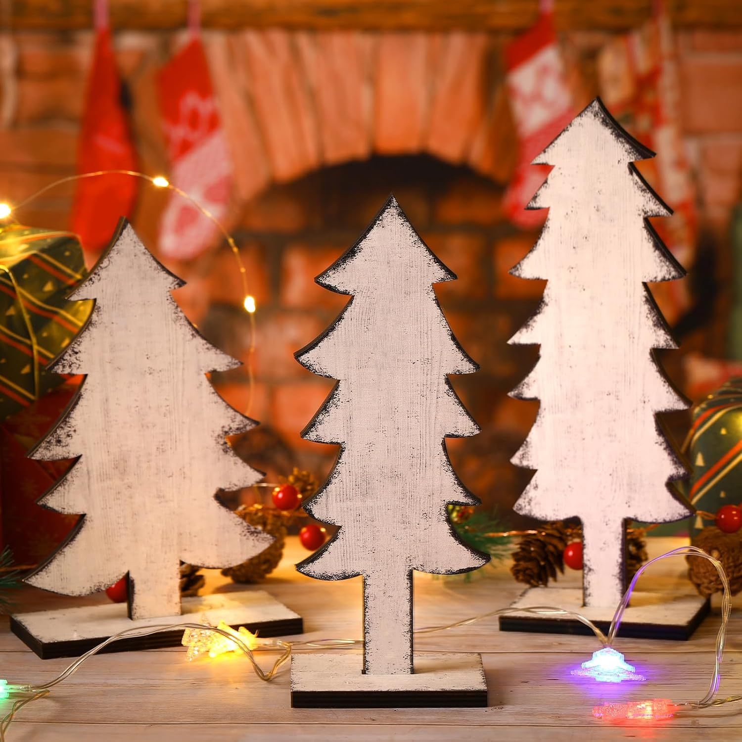 

Christmas 6set Tabletop Decorations Office Standing Handmade Wooden Trees Rustic Farmhouse, Centerpieces For Tables Rustic Decoration With Base