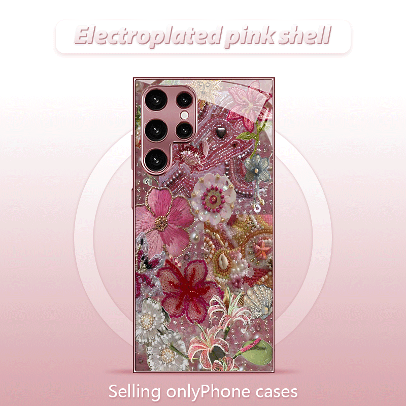 TEMU Phone Case: New Rose Golden/electroplated Pink Phone Case With Beaded Floral Pattern For Galaxy S26/s26 Plus/s26 Ultra/s25/s25 Ultra/s24/s24