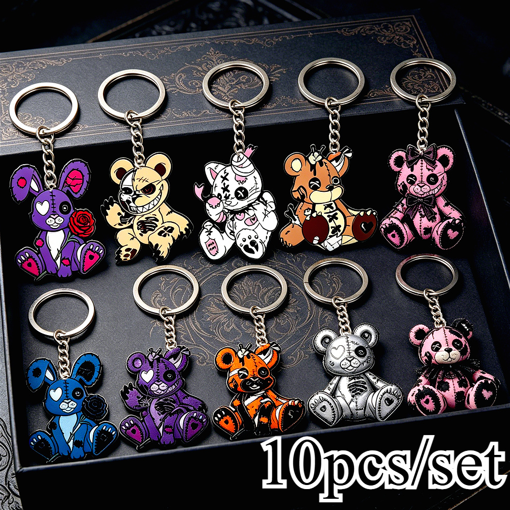 TEMU 2d Flat 10pcs Gothic Style Animal Keychain Set, Cute Rabbit, Bear, Cat Keychains; Wallet/backpack Pendant; Unisex; Couple Keychains; Fashion