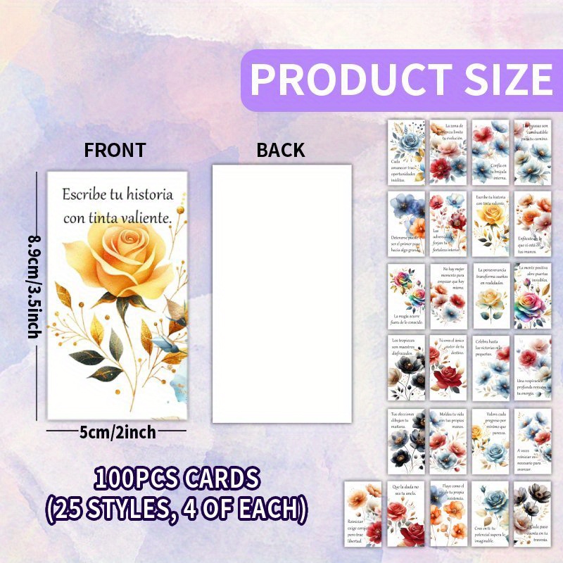 TEMU 100 Piezas de Tarjetas - Acuarela Floral Española - Estilo Temático - Tarjetas con Frases Inspiradoras, 25 Estilos Únicos, Ideales para , ,