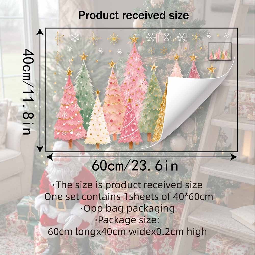 TEMU 1pc Macaron-colored Christmas Tree Static Cling Window Decal, Watercolor Snowflake And Star Pattern, Adhesive-free And Removable, For Home