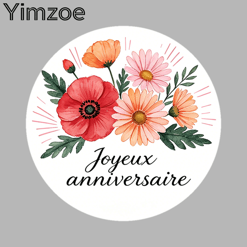 TEMU 96/288 pièces d'autocollants d'anniversaire français Yimzoe pour emballage cadeau, étiquettes rondes aquarelle coquelicot et marguerite avec "