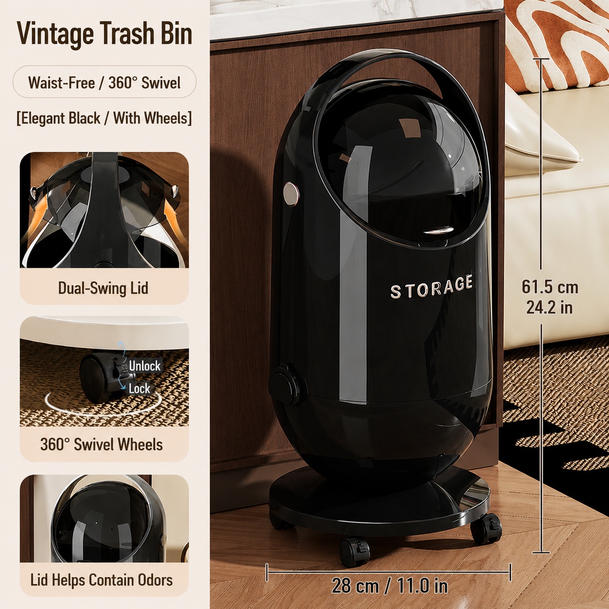 20l Space Capsule Trash Can With Removable Inner Bucket, Modern Odor-proof Waste Bin With Lid, Rolling , Durable Pp Plastic Wastebasket For Bathroom, Bedroom, Office And Living Room