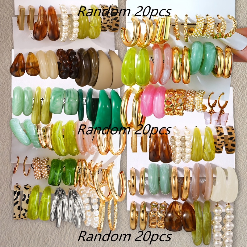TEMU Random 6/10/12/16/20pcs 3/5/6/8/10 Pairs, Exquisite And Minimalist Multi-colored Geometric + Design, Women's Fashion Hoop Earrings, Elegant And