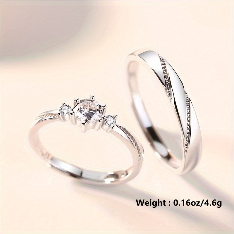 

2pcs 925 Sterling Silver Synthetic Zirconia Suit, Love Couple Rings At First Sight, , About 4.6g-suitable For Proposal Gift, A Love Token