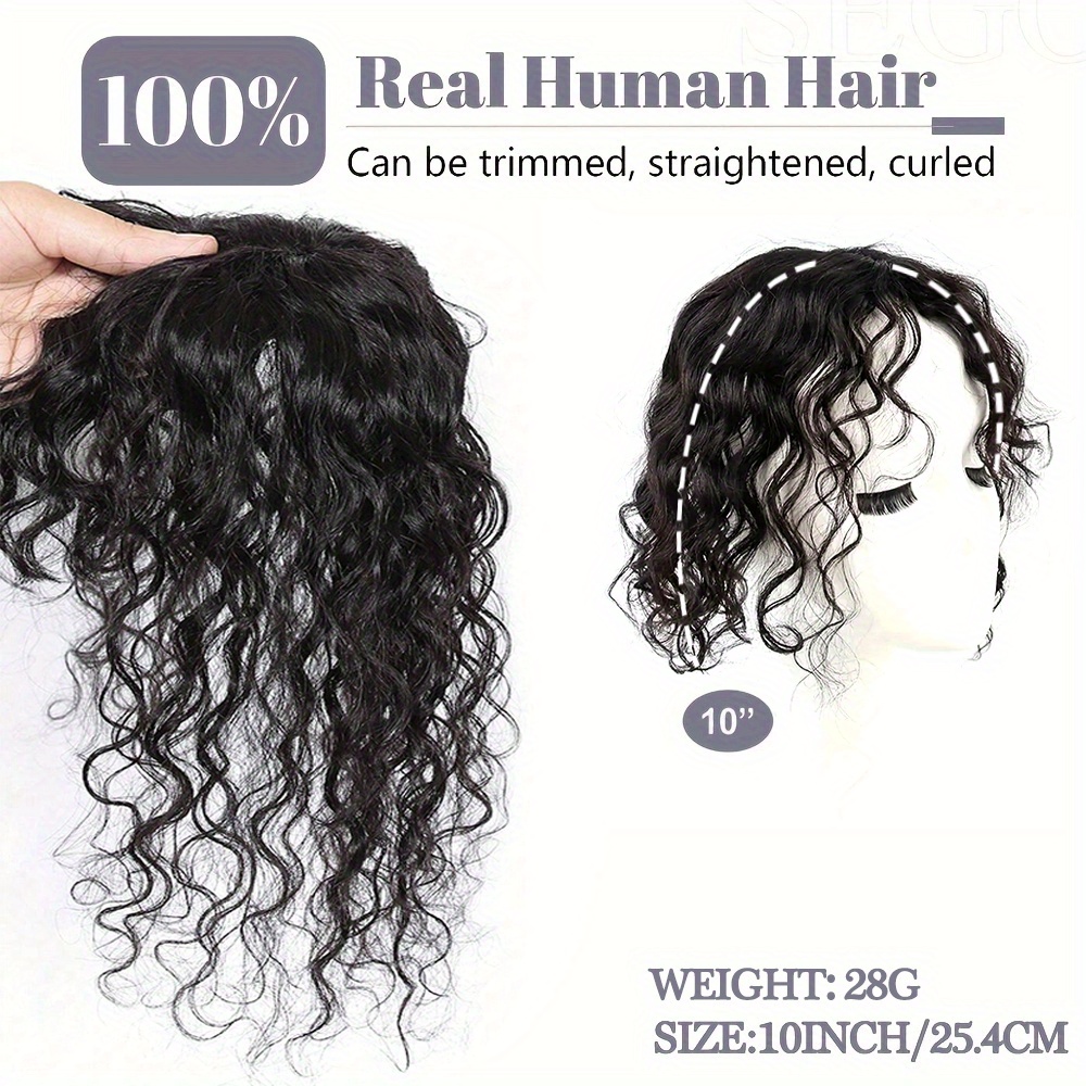 women natural black clip in human hair topper bangs curly  display picture 3
