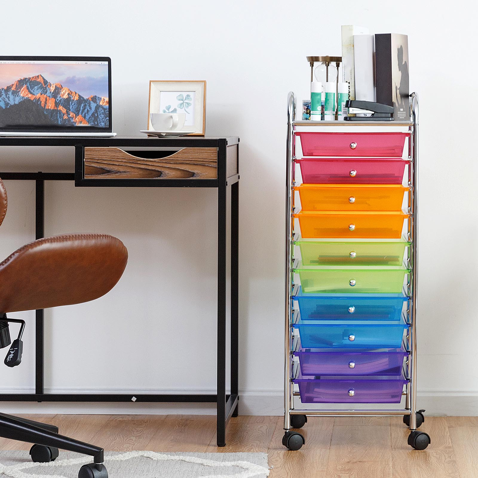 item picture   10 drawer heavy duty rolling storage cart with removable drawers multicolor     purple orange large mobile utility organizer sturdy metal frame pp drawers space saving cart for office kitchen