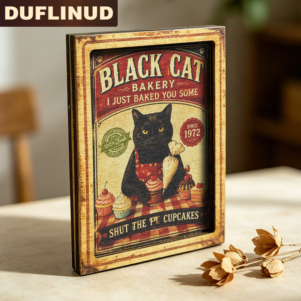 TEMU Cat Bakery Fridge Magnet, Mini Decorative Plaque With Black Cat Cupcake Design, Vintage Style Wooden Fridge Sticker, Refrigerator Door Decor,