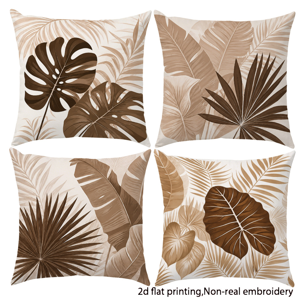 TEMU 4pcs Tropical Monstera Palm Leaf Themed Decorative Pillowcases, 2d Flat Print, Single-sided Print, Soft Velvet Fabric, Zipper Closure, Machine