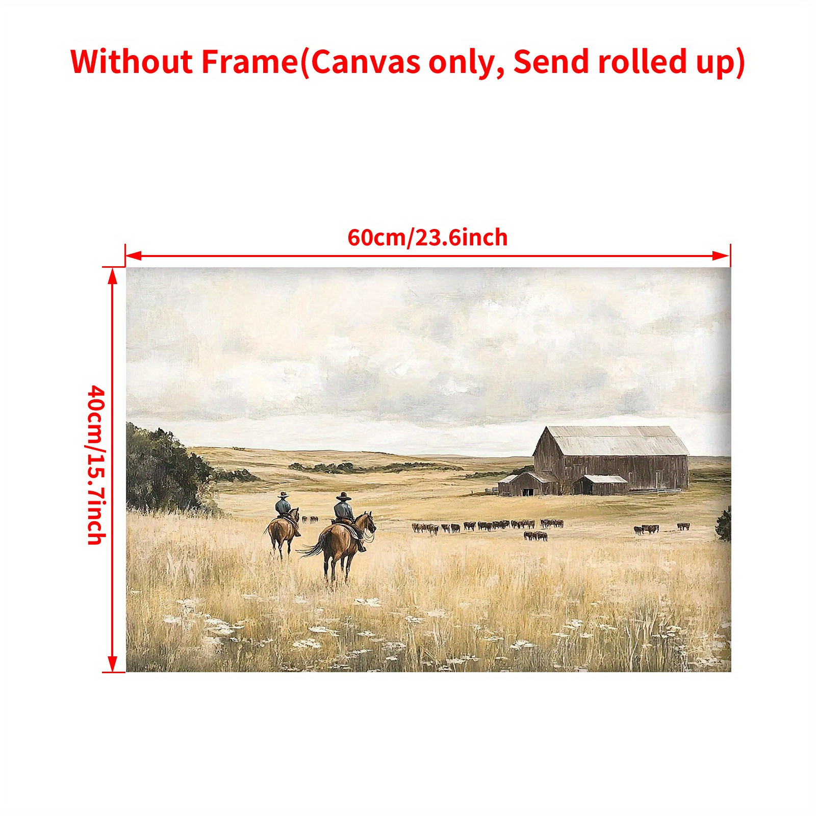 TEMU Vintage Cowboy Riding Horses In With Barn Retro Canvas Art Print, Ideal For Bedroom, Office, Bathroom, Home Wall Decor, Unframed, Western Home