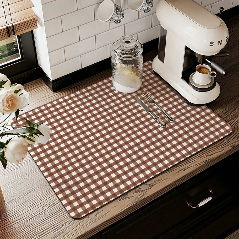 TEMU 1pc, Plaid Print Absorbent Placemat, Stylish And Durable Dish Drying Mat, Non-slip Rubber Base, Suitable For Coffee Bars, Sinks, And Dining