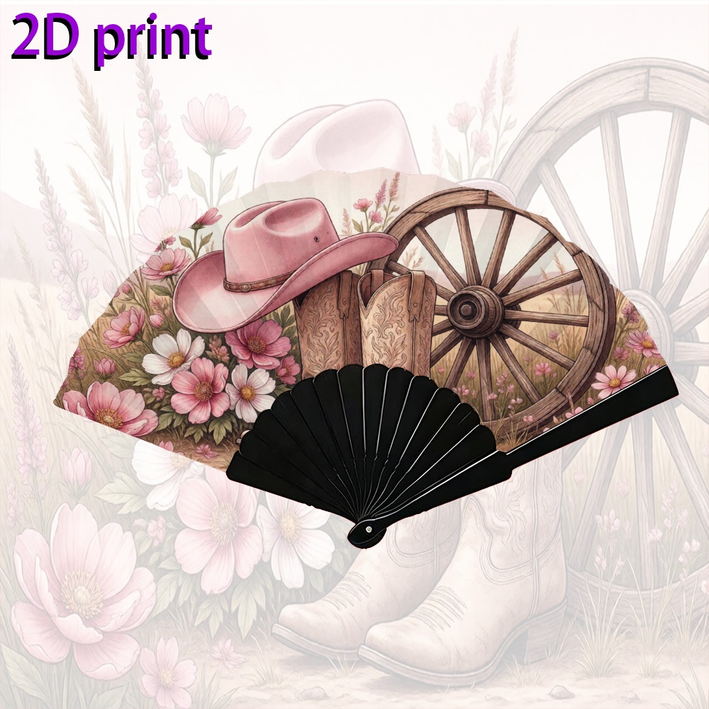TEMU 2d Flat, Handcrafted Western Floral Folding Fan Suitable For Wedding & Christmas Decorations - Portable Handheld Cooling Fan With Elegant 2d