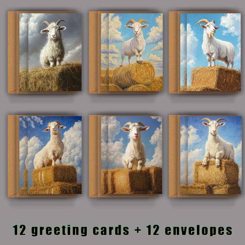 12 greeting cards 12 envelopes christmas design featuring a goat standing on a the folded card measures 9 13cm 3 54 5 11in and when it measures 18 13cm 7 08 5 11in greeting cards are perfect for sending messages